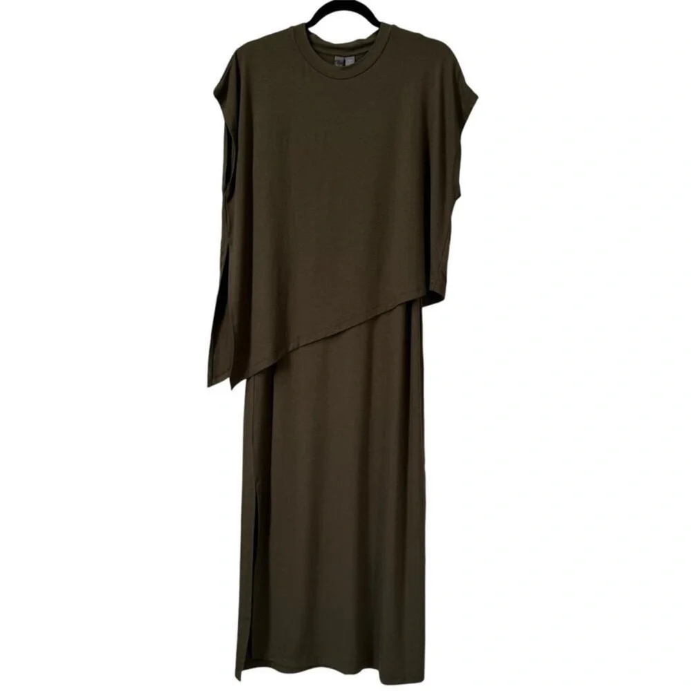 Sweaty Betty Layered Jersey Stretch Midi Olive Green Dress | Size Small - Picture 5 of 11